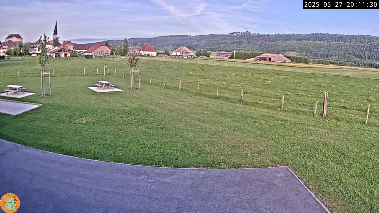 A grassy field with two picnic tables sits in front of a small village nestled at the base of a forested hill under a mostly clear sky.
