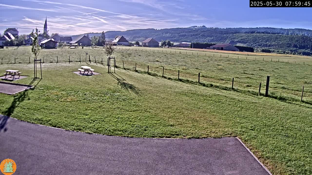 A grassy field with two picnic tables, a paved area, and a small village in the background under a clear, sunny sky.