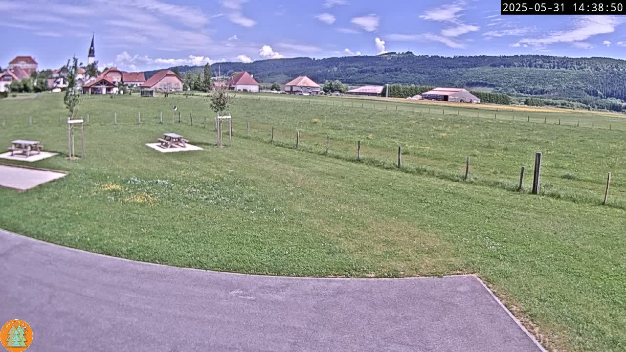 A grassy field with picnic tables, a small village in the background, and a partly cloudy sky.