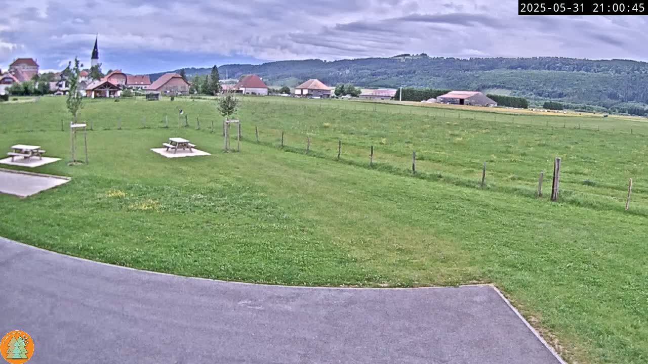 A grassy field with two picnic tables, a paved area, and a small village in the background under a cloudy sky.