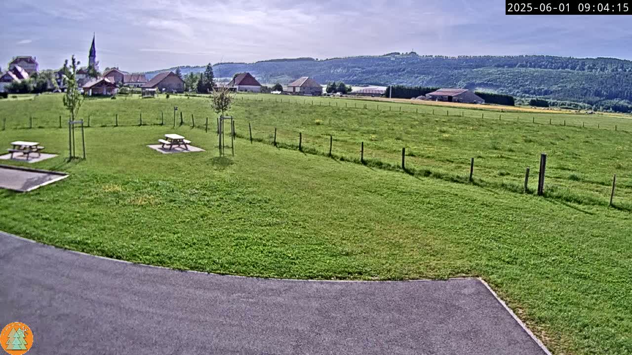 A grassy field with picnic tables, a paved area, and a village in the background under a partly cloudy sky.