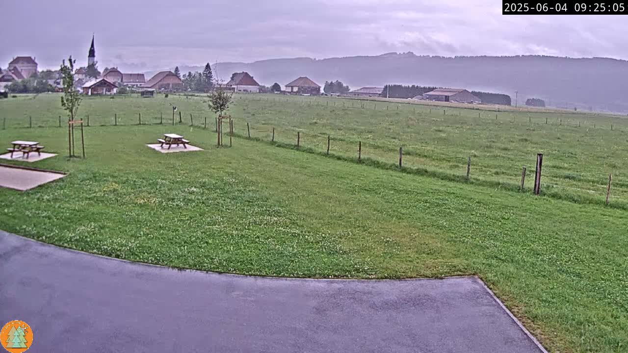 A grassy field with two picnic tables, a paved area, and a small village in the background under an overcast sky.