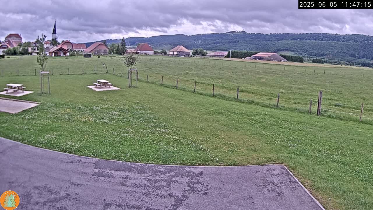A grassy field with two picnic tables sits under an overcast sky, overlooking a small village nestled against a backdrop of forested hills.