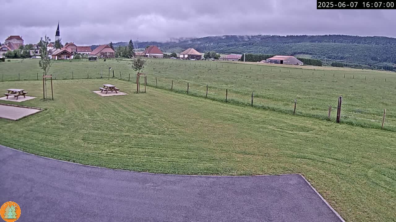 A grassy field with two picnic tables and a small village in the background under an overcast sky.