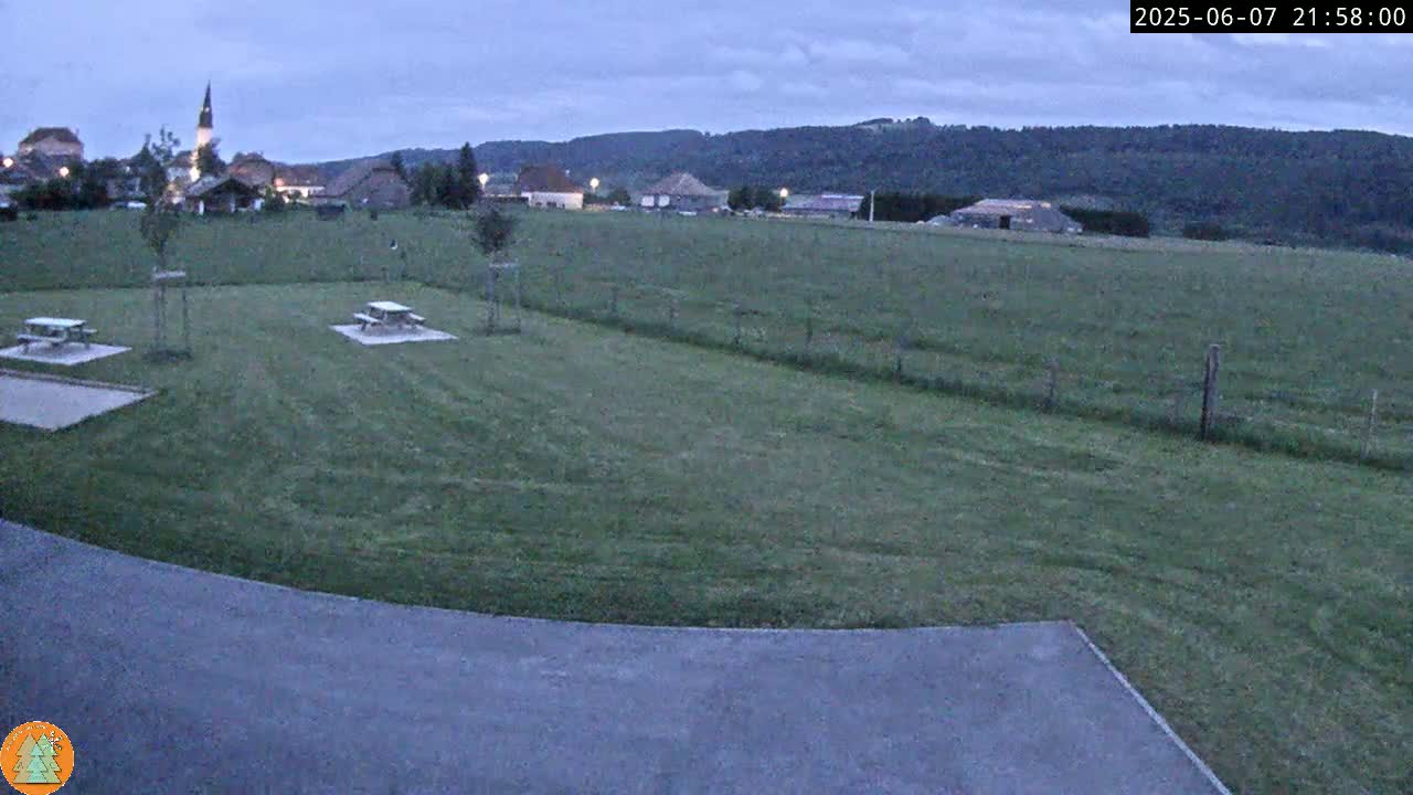 A grassy field with two picnic tables sits in front of a small village under a twilight sky.