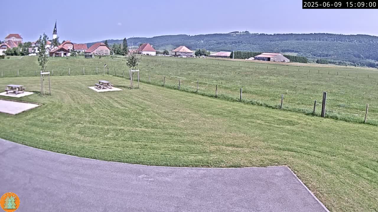 A grassy field with two picnic tables sits in front of a small village nestled at the foot of a verdant hillside under a clear blue sky.