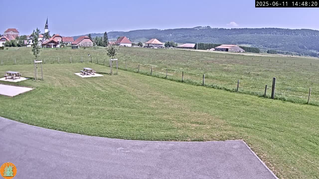 A grassy field with two picnic tables and a paved area, overlooks a small village nestled at the foot of a verdant hillside under a clear blue sky.