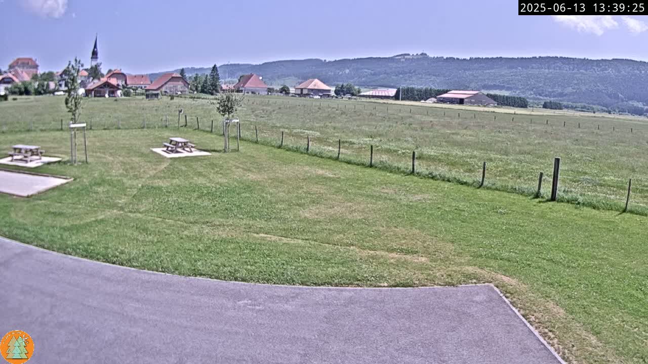 A grassy field with two picnic tables, a paved area, and a small village visible in the distance under a sunny sky.