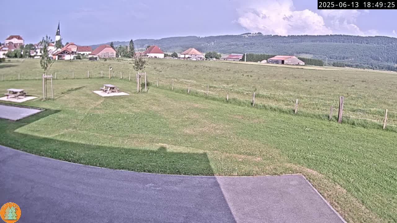 A grassy field with two picnic tables sits in front of a small village under a partly cloudy sky, beyond which are rolling hills covered in a forest.