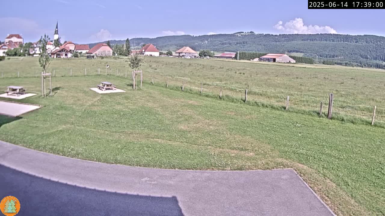 A grassy field with picnic tables and a small village in the background under a mostly sunny sky.