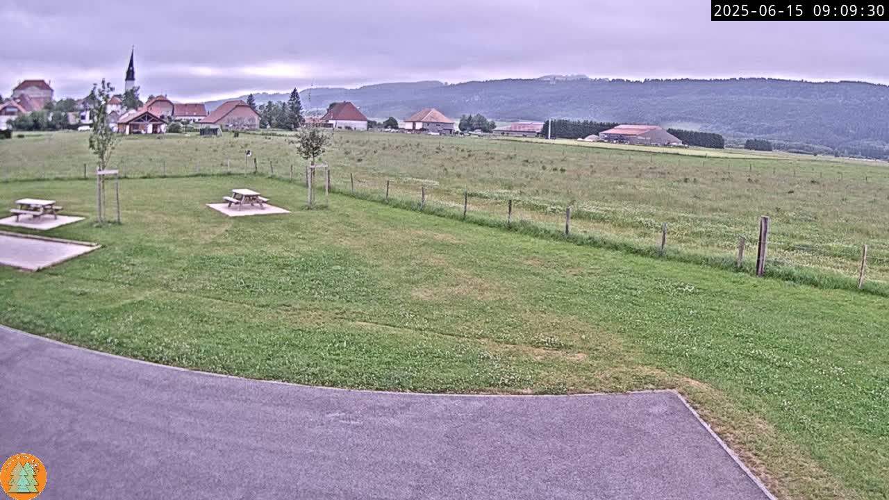 A grassy area with two picnic tables overlooks a village and farmland under an overcast sky.