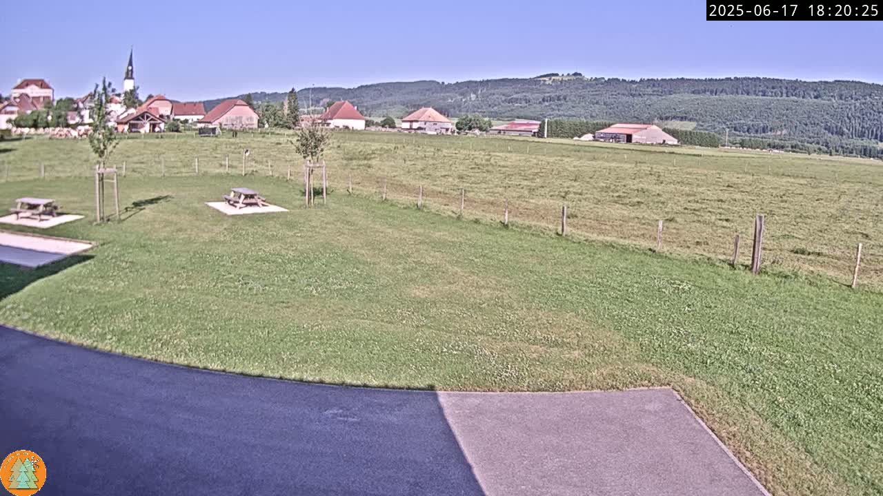 A grassy field with picnic tables, a paved area, and a small village in the background under a clear blue sky.