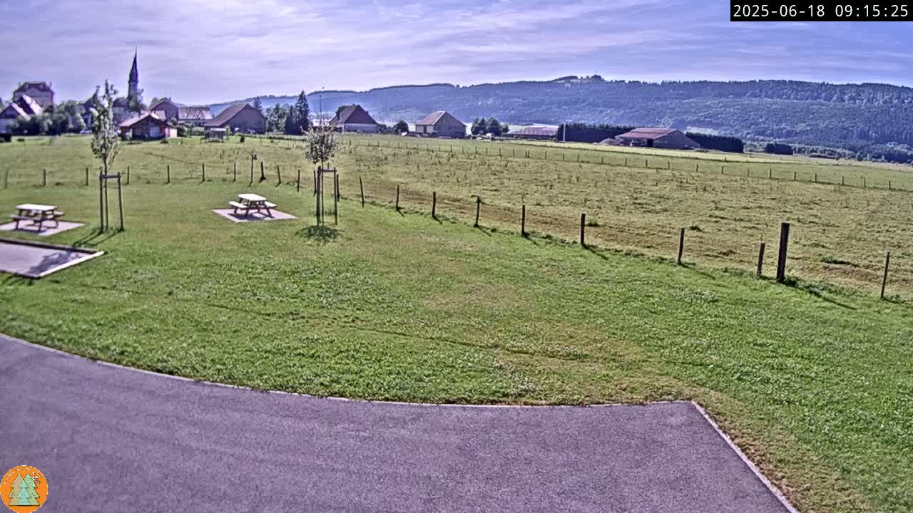 A grassy field with two picnic tables, a paved area, and a village in the background under a partly cloudy sky.