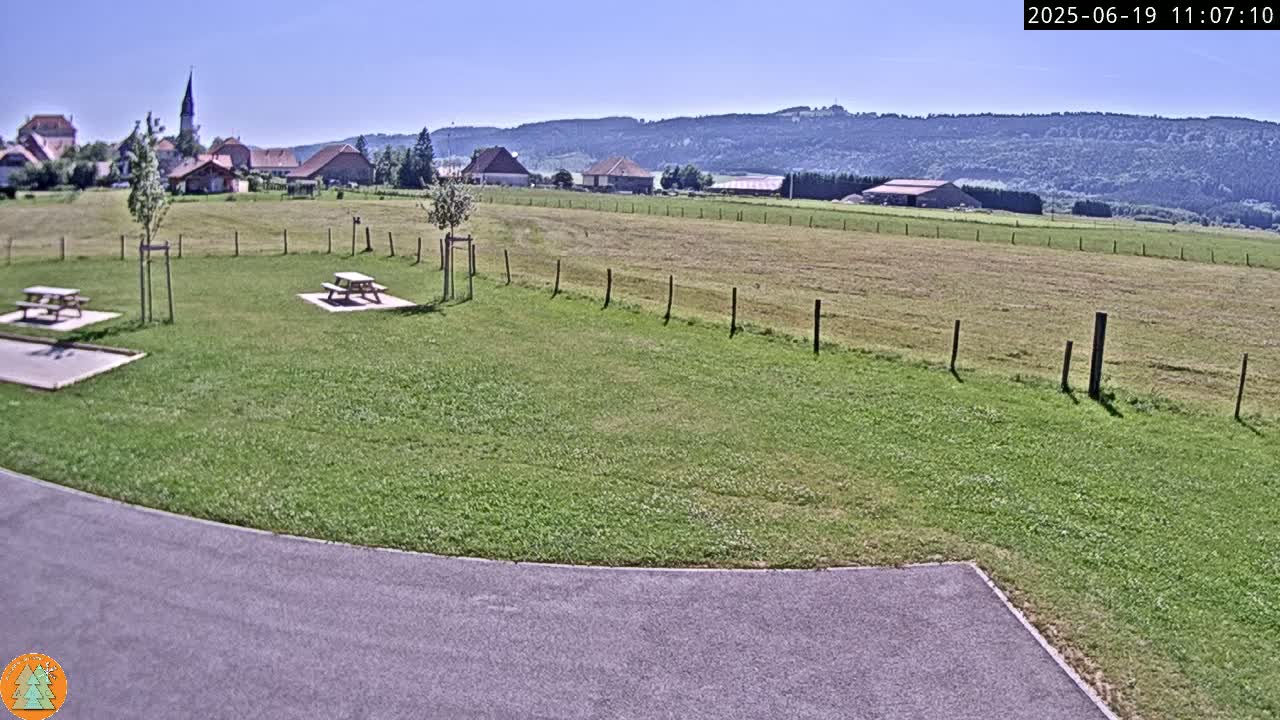 A grassy area with two picnic tables is in the foreground, a small village and rolling green hills are visible in the background under a clear blue sky.