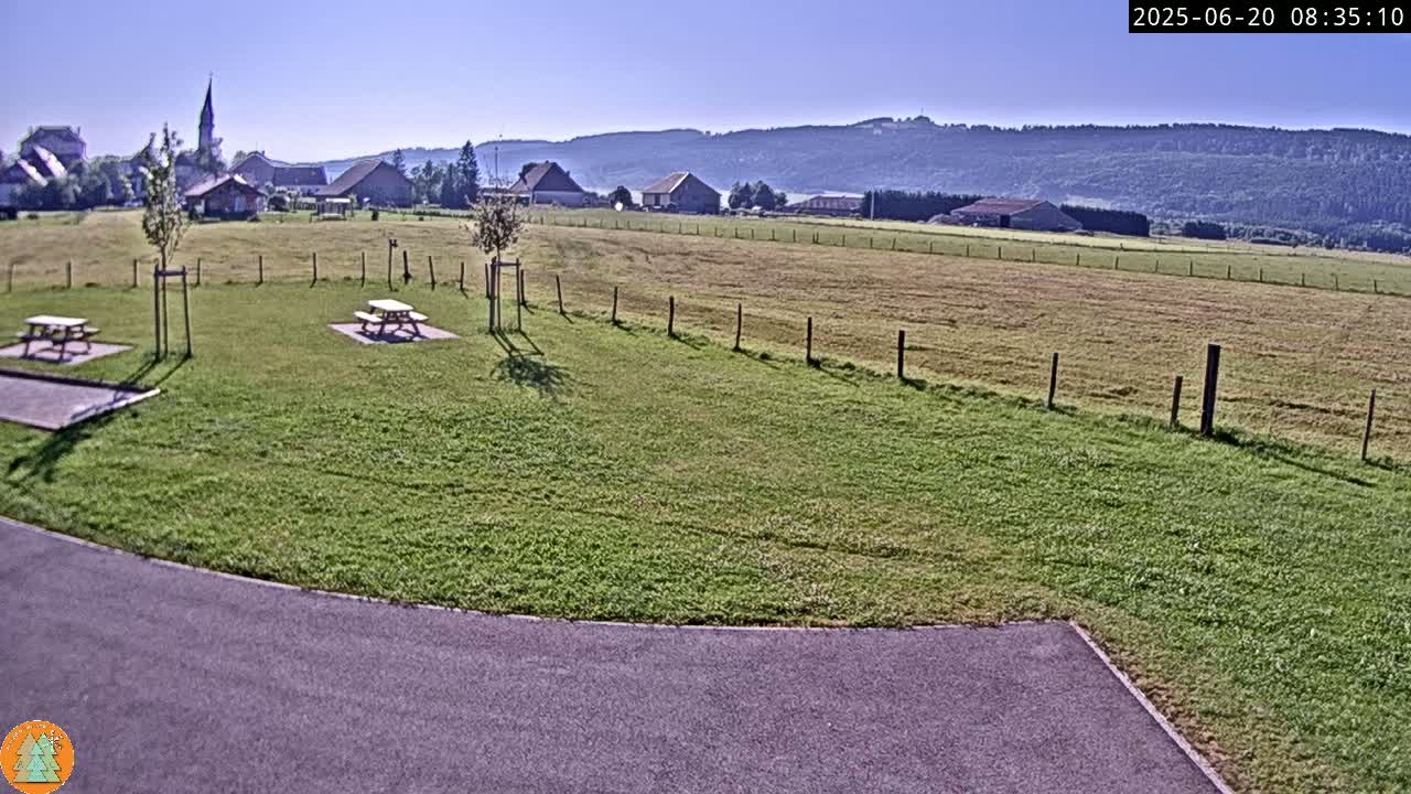A grassy area with two picnic tables is situated near a paved road, overlooking a village and distant hills under a clear, sunny sky.