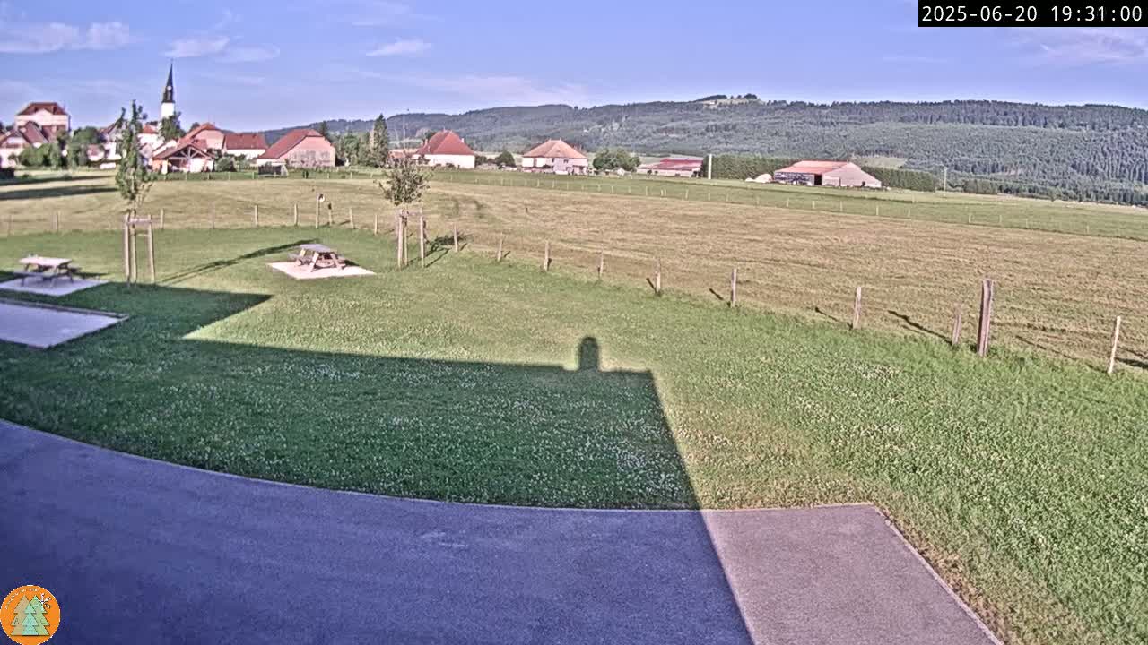A grassy field with picnic tables, a small village in the background, and a distant view of hills under a clear blue sky.