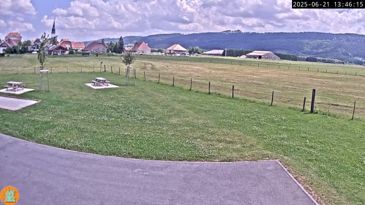 A grassy field with picnic tables, a paved area, and a village in the background under a partly cloudy sky.