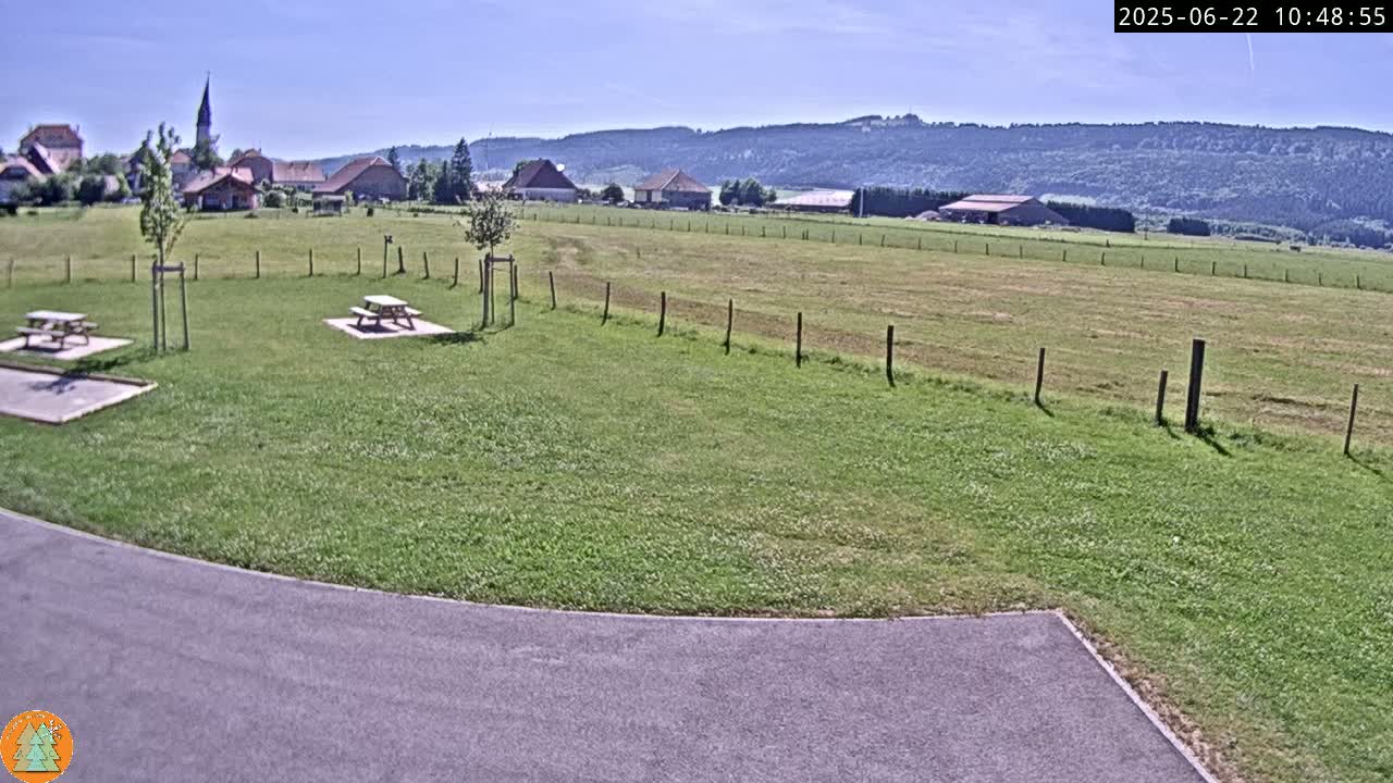 A grassy field with picnic tables and a paved area, overlooks a small village nestled against a mountain range under a clear, sunny sky.