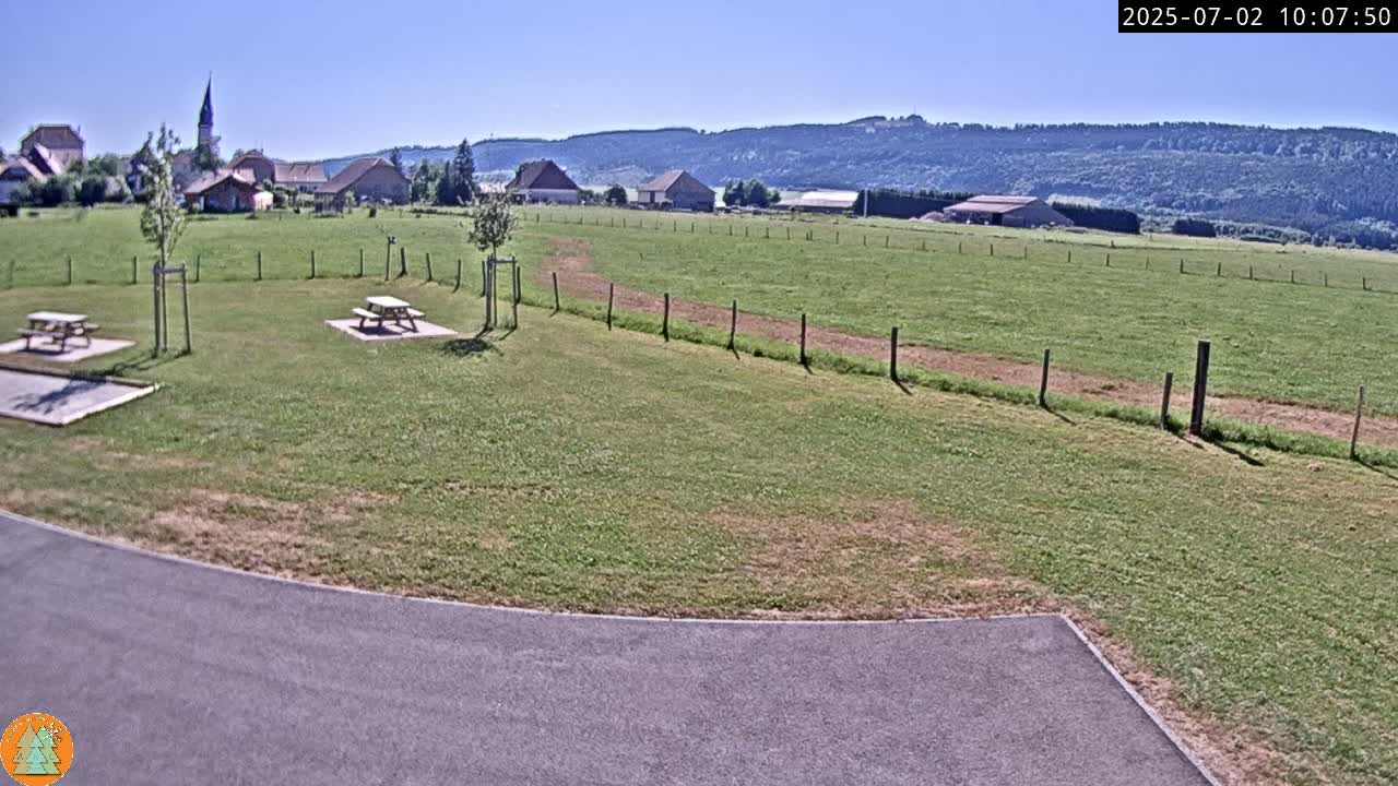 A sunny day reveals a grassy field with picnic tables near a paved area, overlooking a small village nestled against a forested hillside.