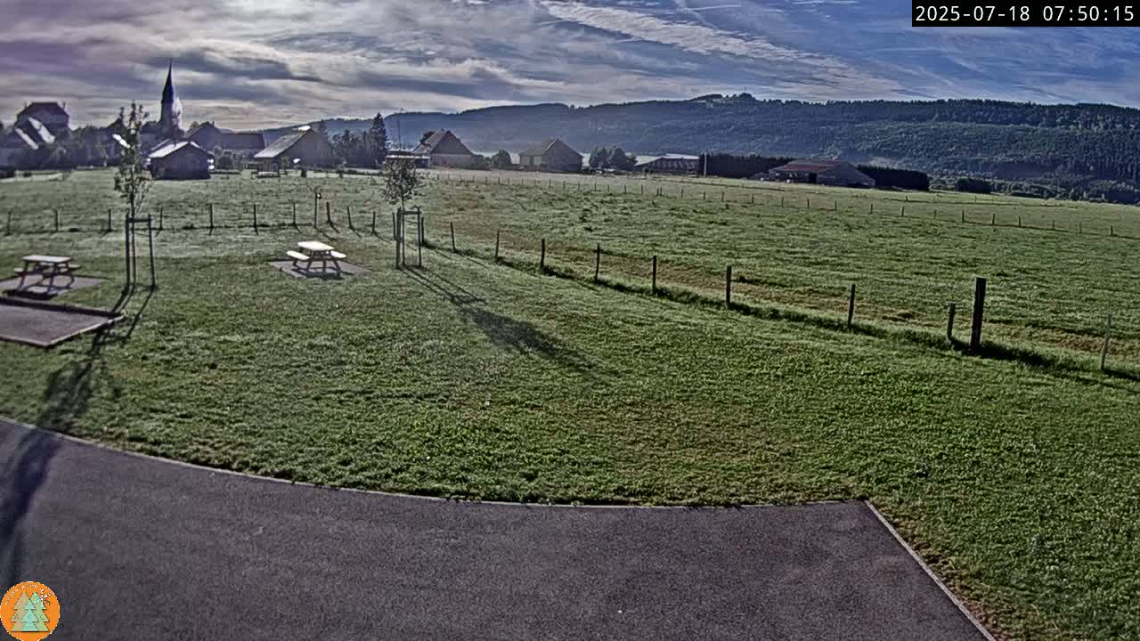 A grassy field with picnic tables and a small village in the background under a partly cloudy sky.