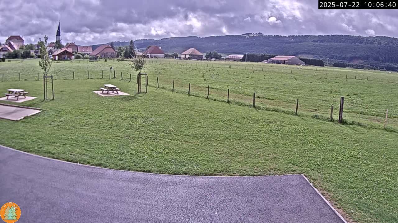 A grassy field with two picnic tables, a paved area, and a small village in the background under a partly cloudy sky.