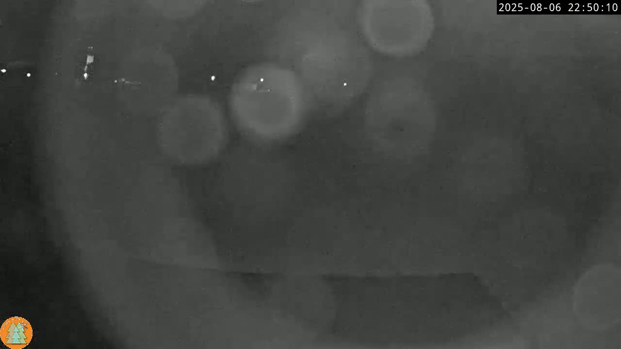 A nighttime, blurry image shows indistinct lights and shapes in the distance through what appears to be rain or fog on a dark, possibly cloudy night.