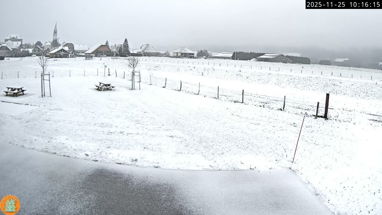 Under an overcast sky, a wide outdoor scene is blanketed in fresh snow, revealing a distant village with a prominent church steeple, fenced fields, and two snow-covered picnic tables.