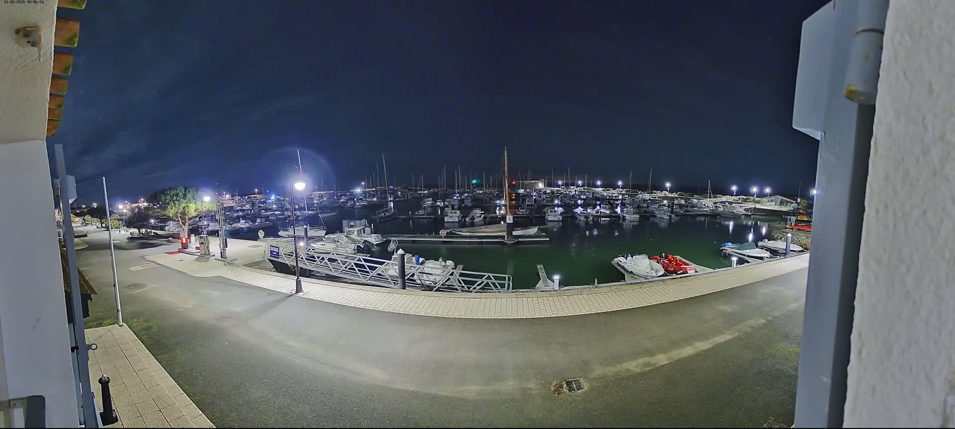 A nighttime view of a marina filled with numerous boats, under a clear, dark sky.