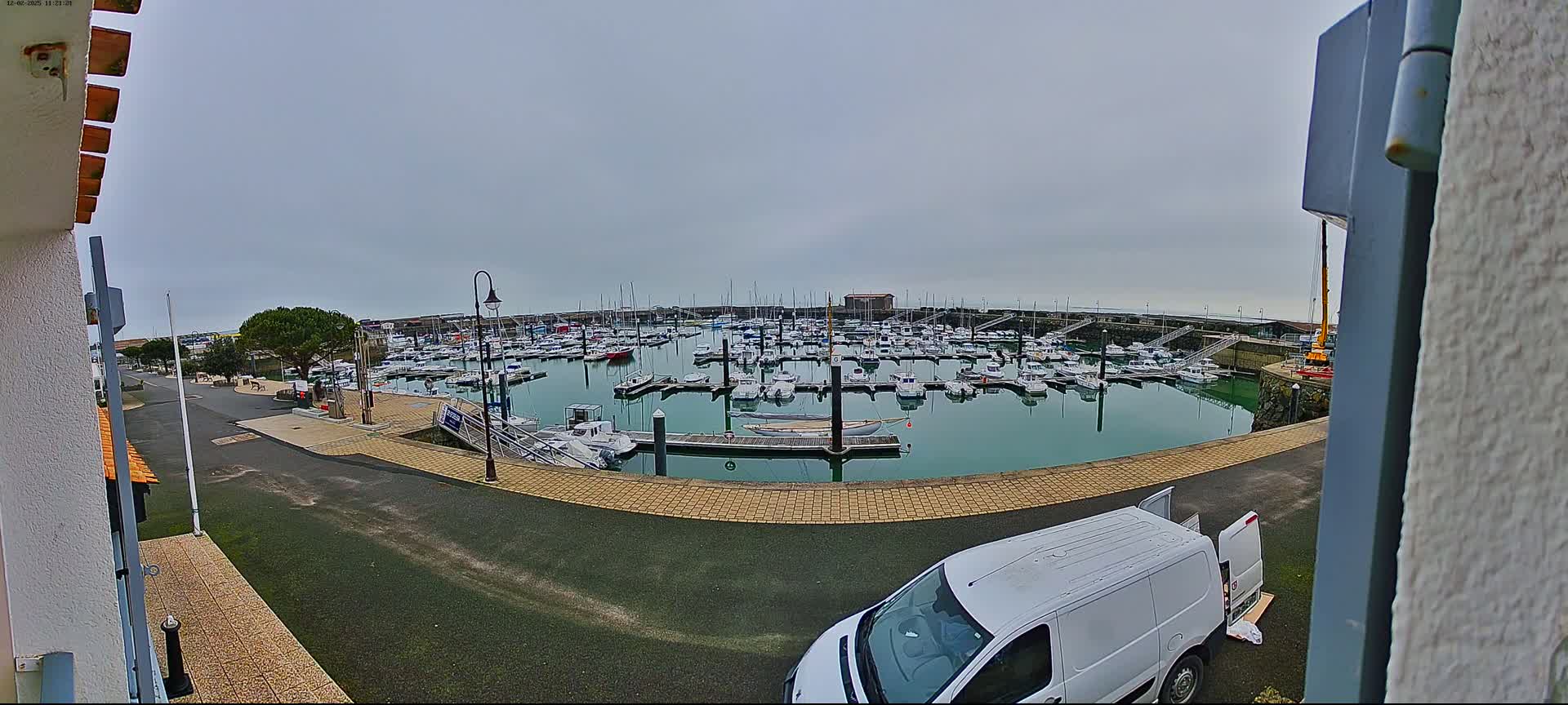 A marina filled with numerous boats is seen on an overcast day, with a white van parked nearby.