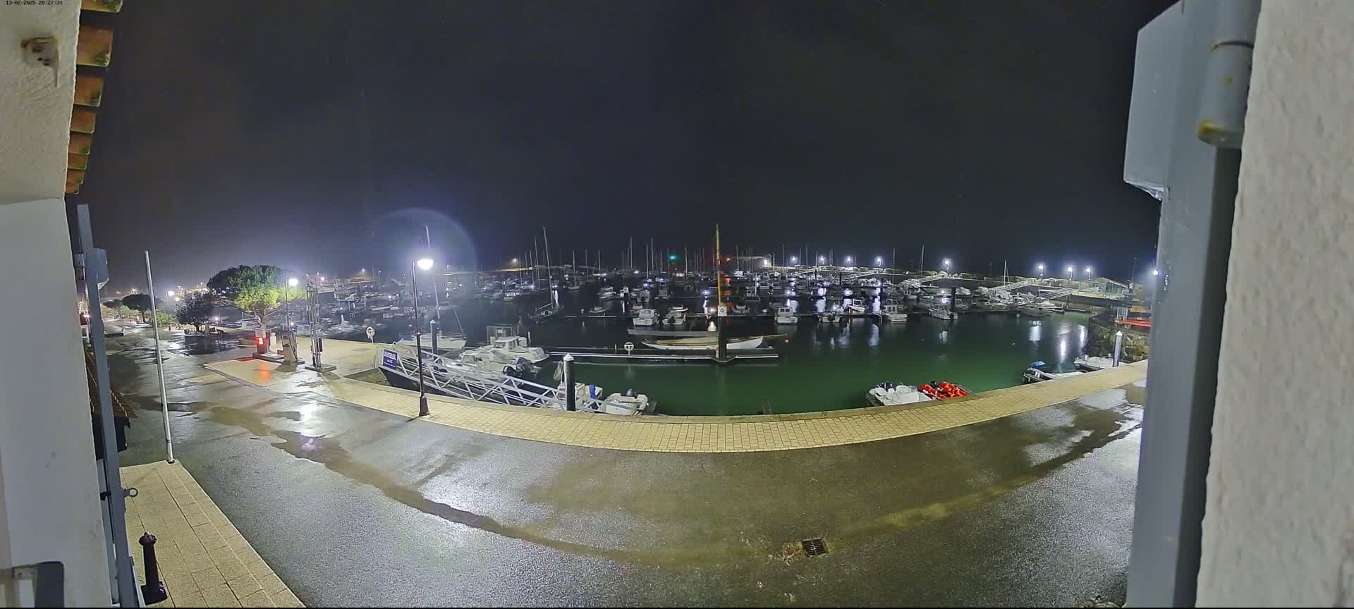 A wet nighttime view of a marina filled with docked boats under artificial light.