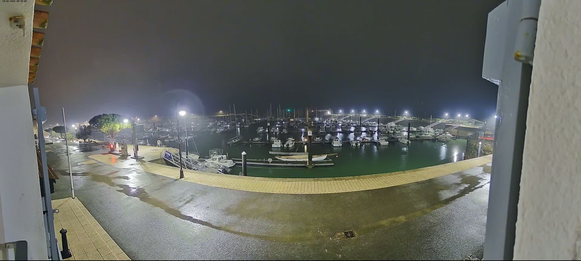 A rain-slicked marina at night is filled with numerous boats docked under artificial lighting.