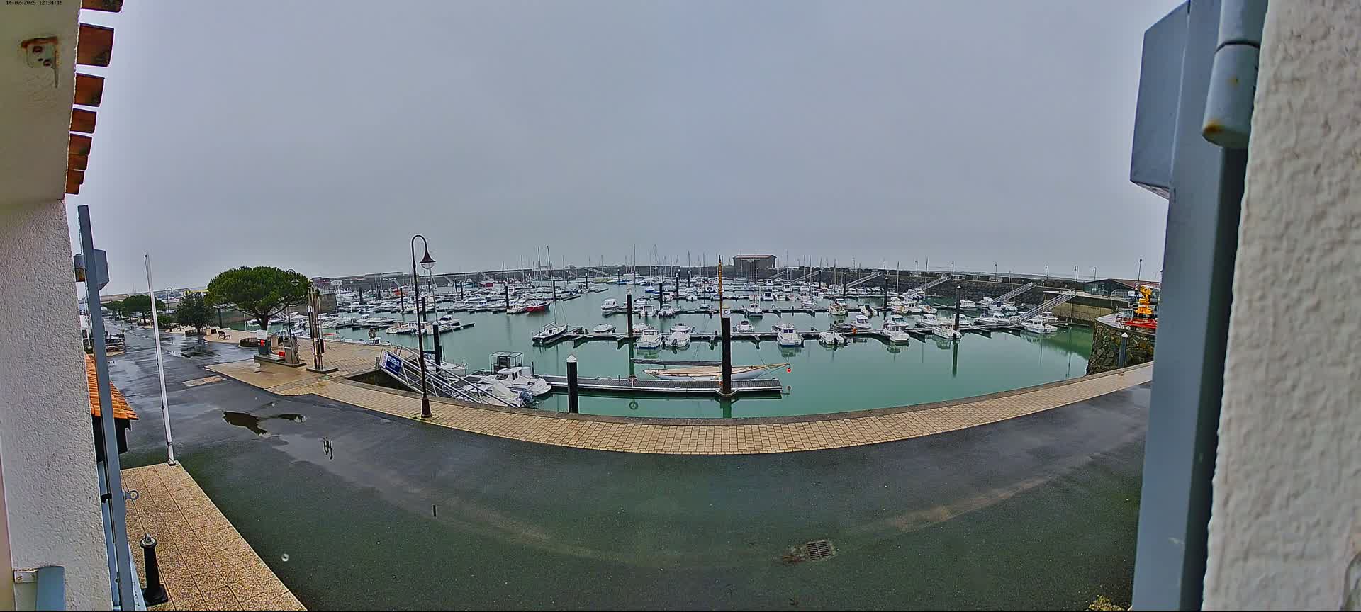 A marina filled with numerous boats is seen on an overcast day, viewed from a slightly elevated position.