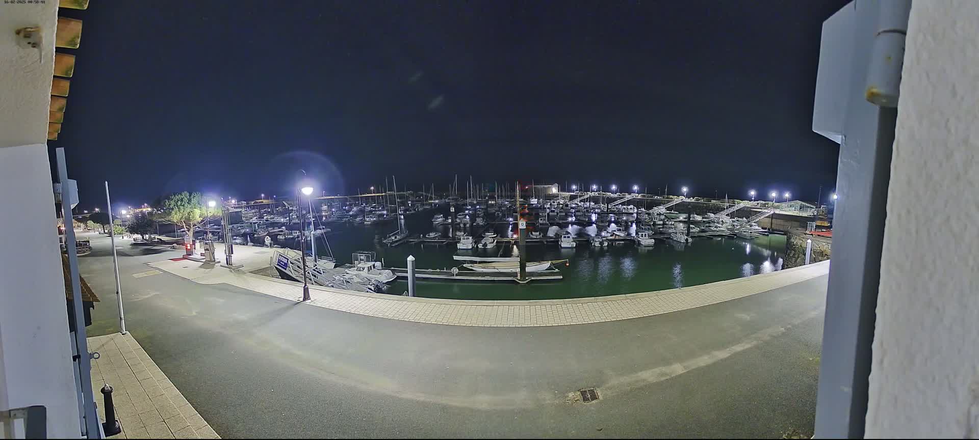 A nighttime view of a marina filled with numerous boats, illuminated by artificial lights under a clear, dark sky.