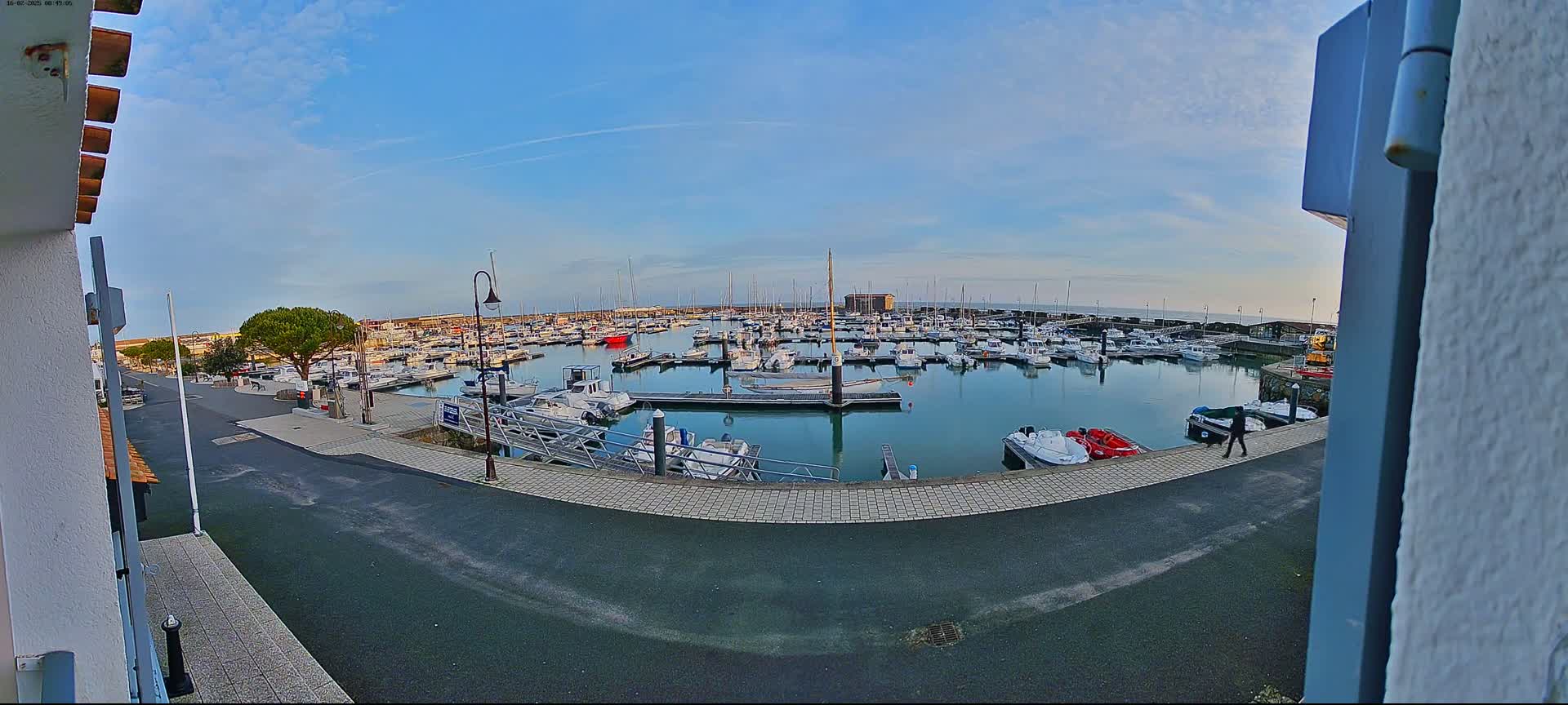 A marina filled with numerous boats under a mostly clear, bright sky.