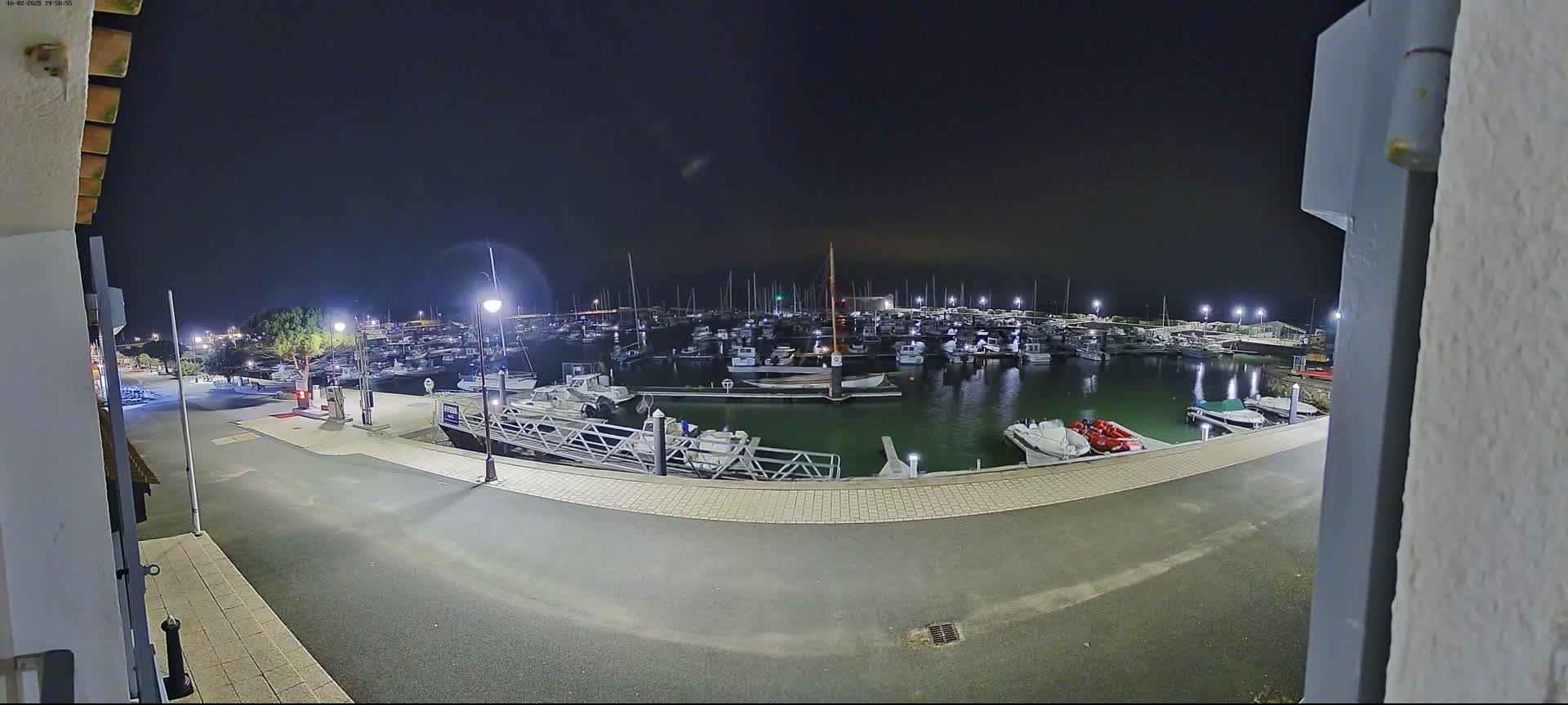 A nighttime view of a marina filled with numerous boats, illuminated by several lamps, under a dark sky.