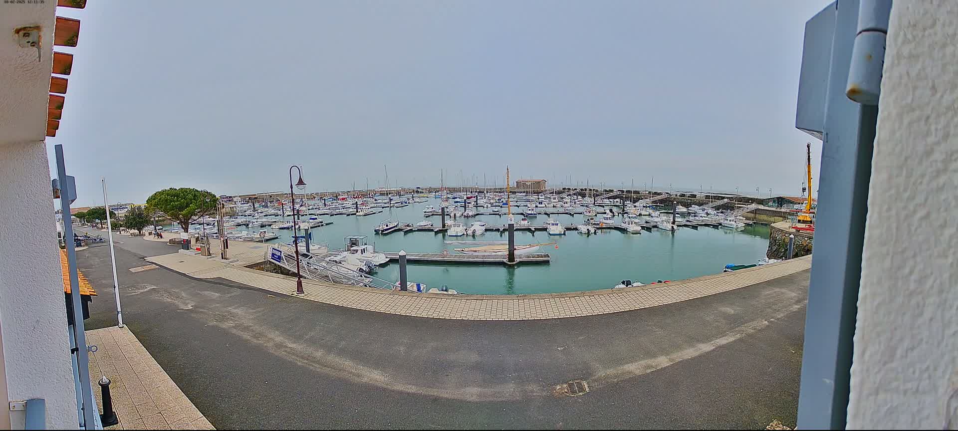 A harbor filled with numerous boats is seen on an overcast day.