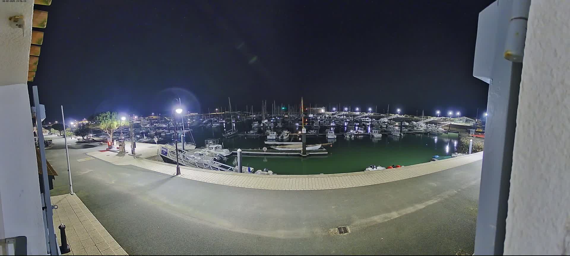 A nighttime view of a marina filled with docked boats, illuminated by artificial lights under a clear, dark sky.