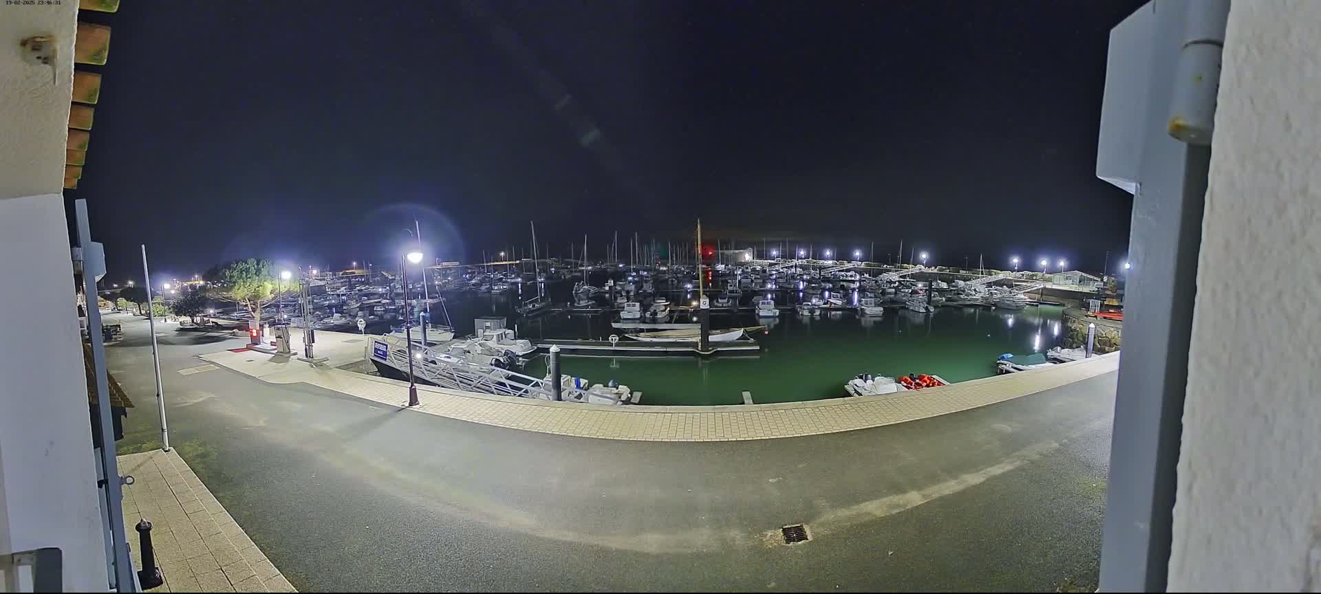 A nighttime view of a marina filled with numerous boats, illuminated by artificial lights.