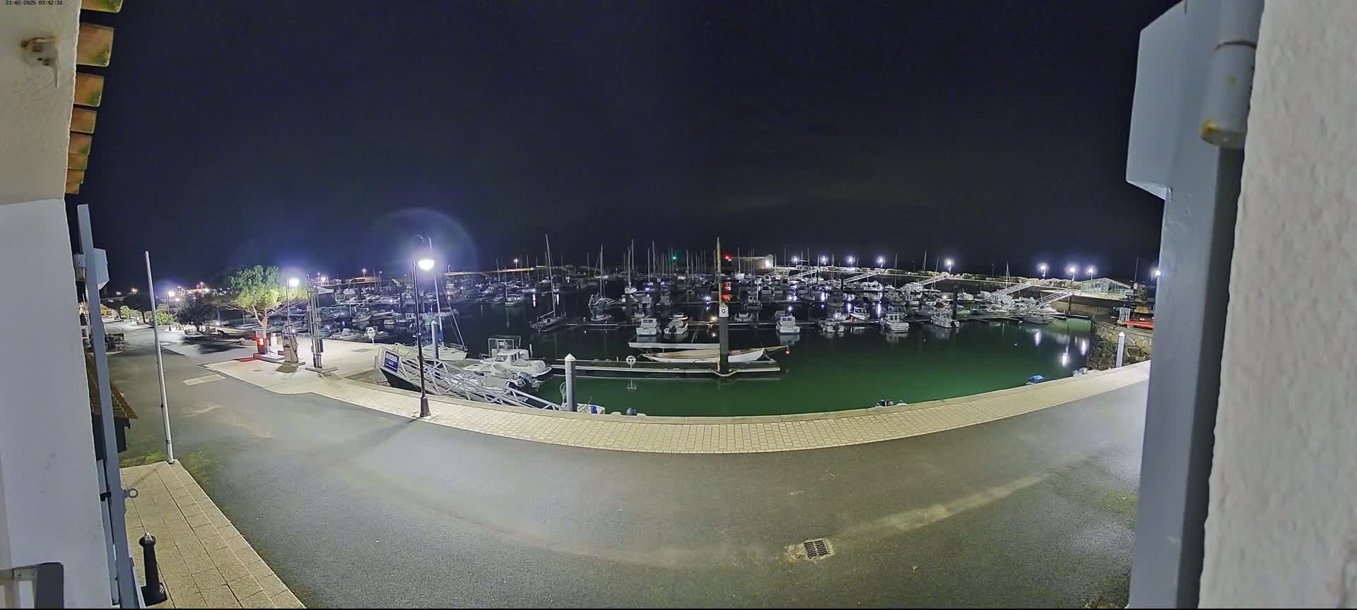 A nighttime view of a marina filled with boats under a clear, dark sky.