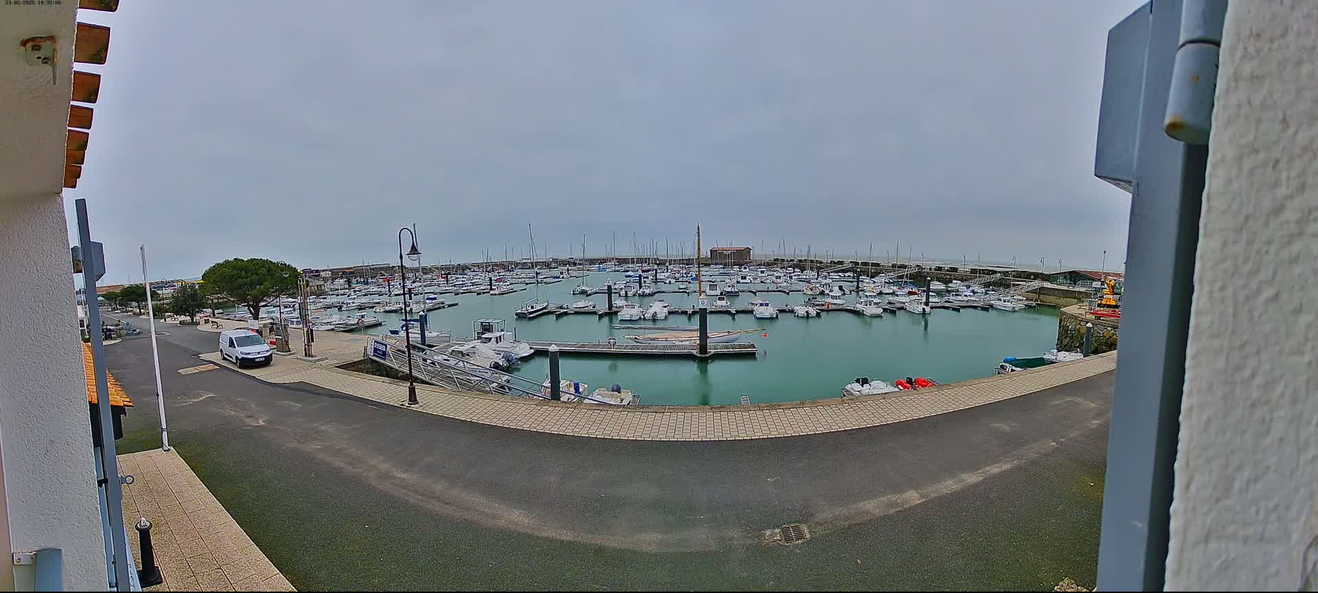 A marina filled with numerous boats is viewed from a slightly elevated position on an overcast day.