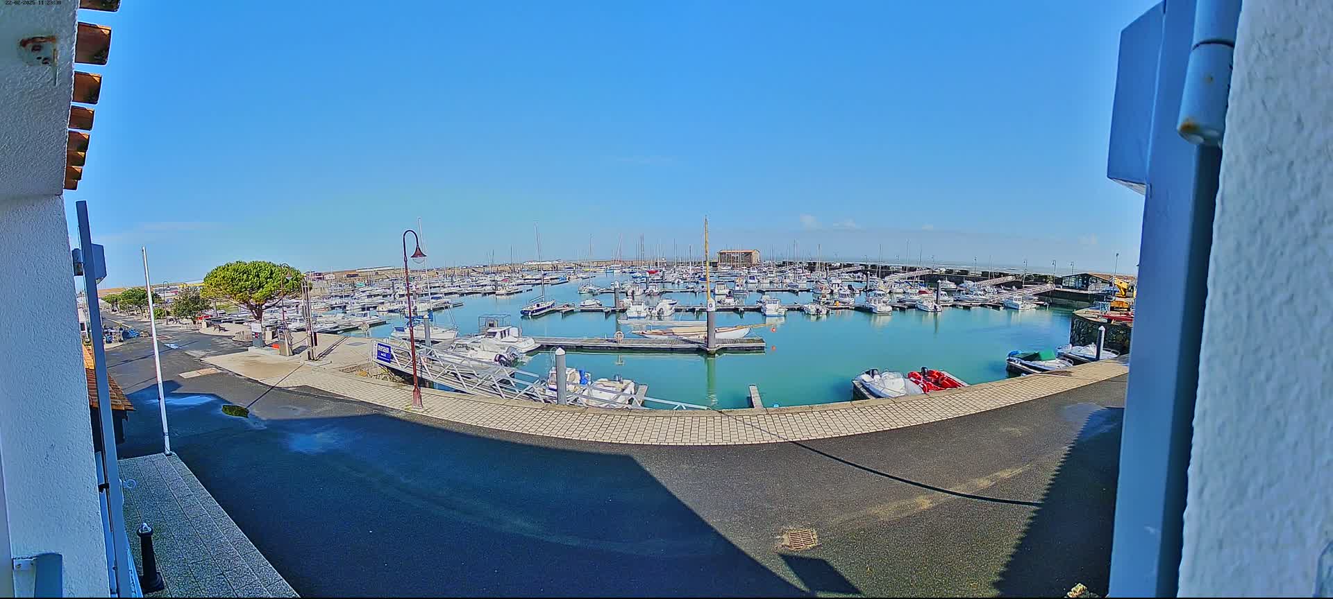 A marina filled with numerous boats is seen on a sunny day.
