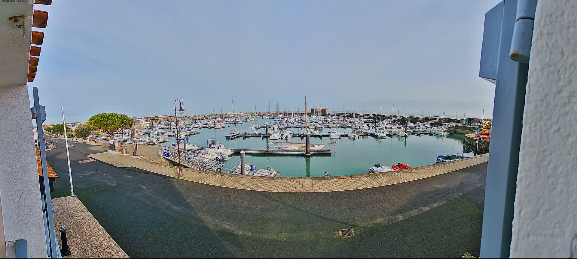 A calm harbor filled with numerous boats under a hazy sky.