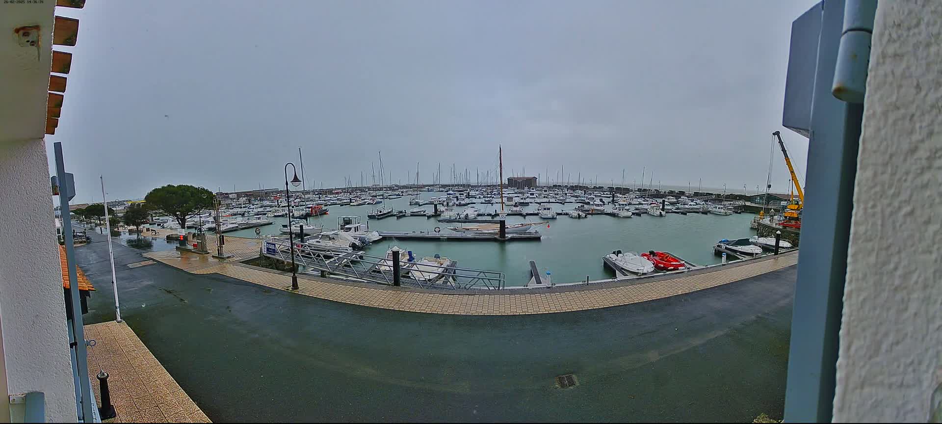 A marina filled with many boats is seen on an overcast day.