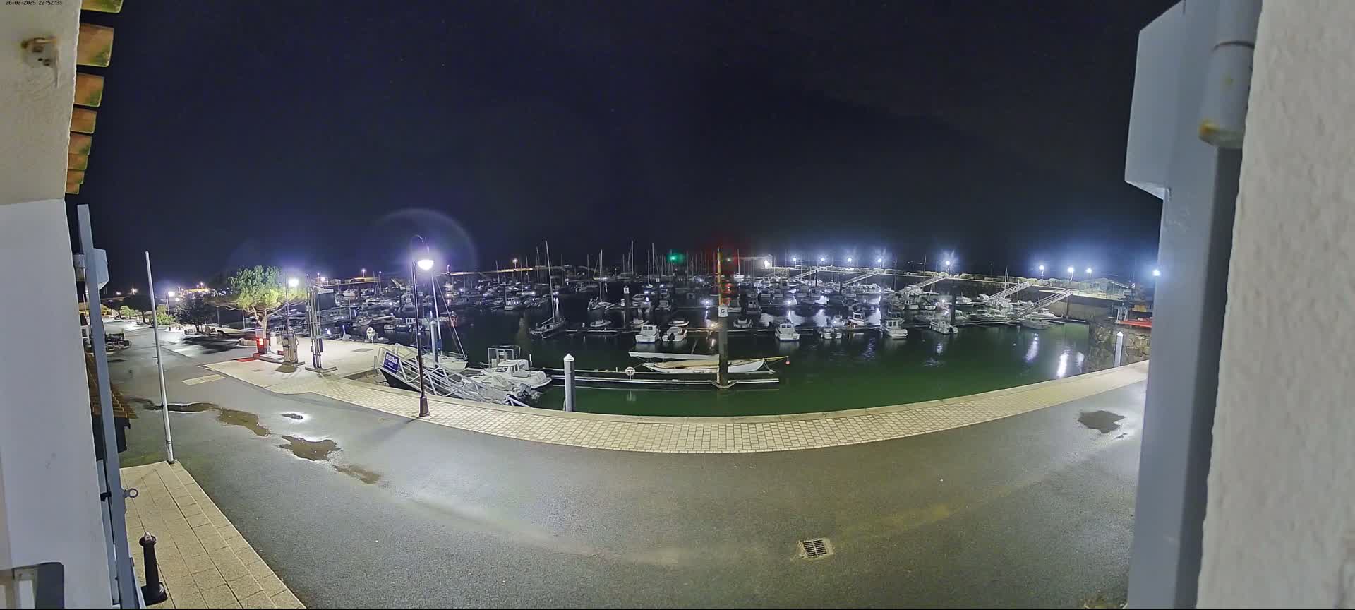 A nighttime view of a marina filled with boats, under a clear, dark sky, with wet pavement visible in the foreground.