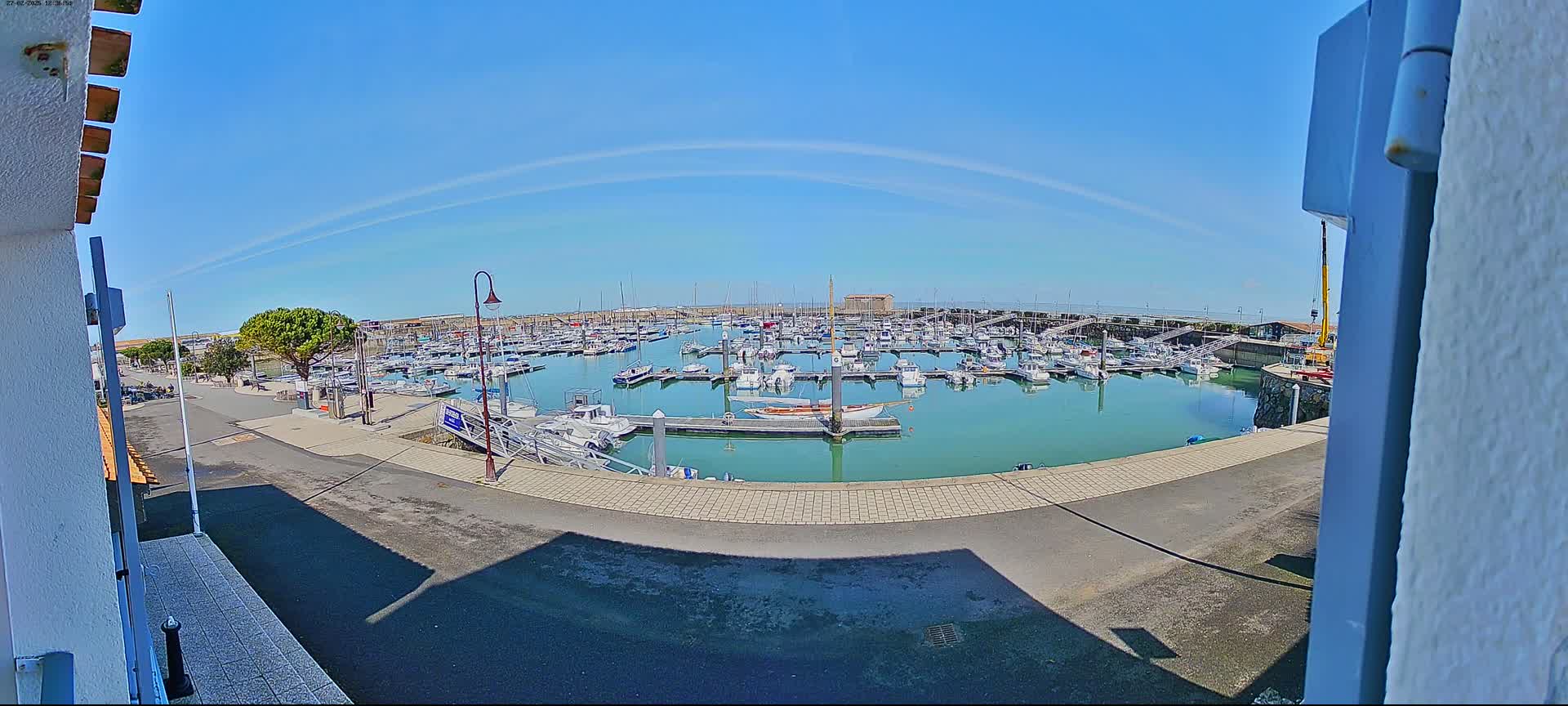 A sunny day overlooking a marina filled with numerous boats docked in calm, green water.