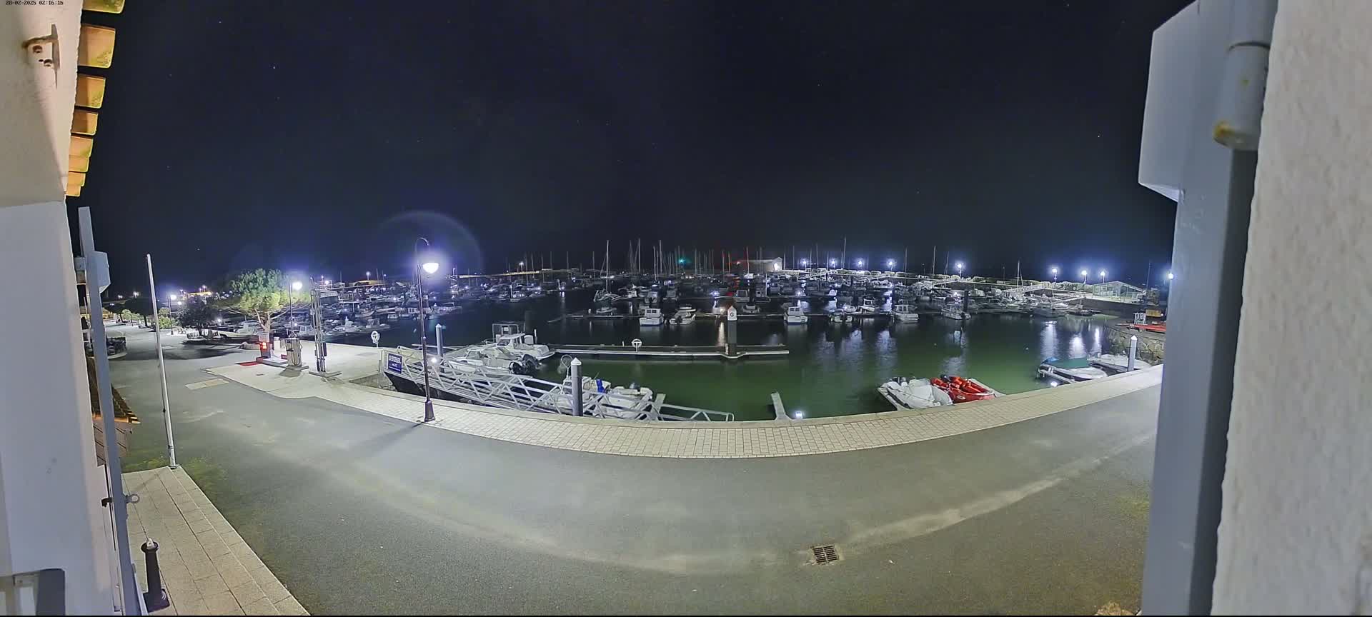 A nighttime view of a marina filled with numerous boats under a clear, starry sky.
