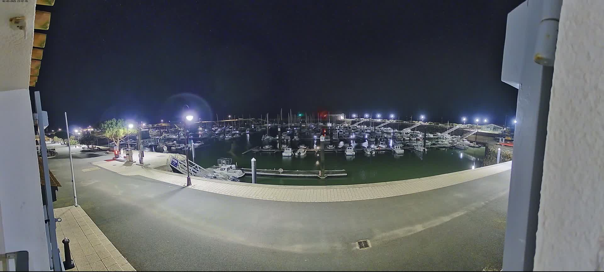 A nighttime view of a marina filled with boats under a clear, starry sky.
