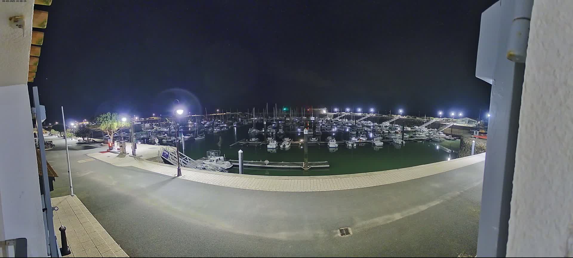 A nighttime view of a marina filled with numerous boats, illuminated by artificial lights under a clear, dark sky.