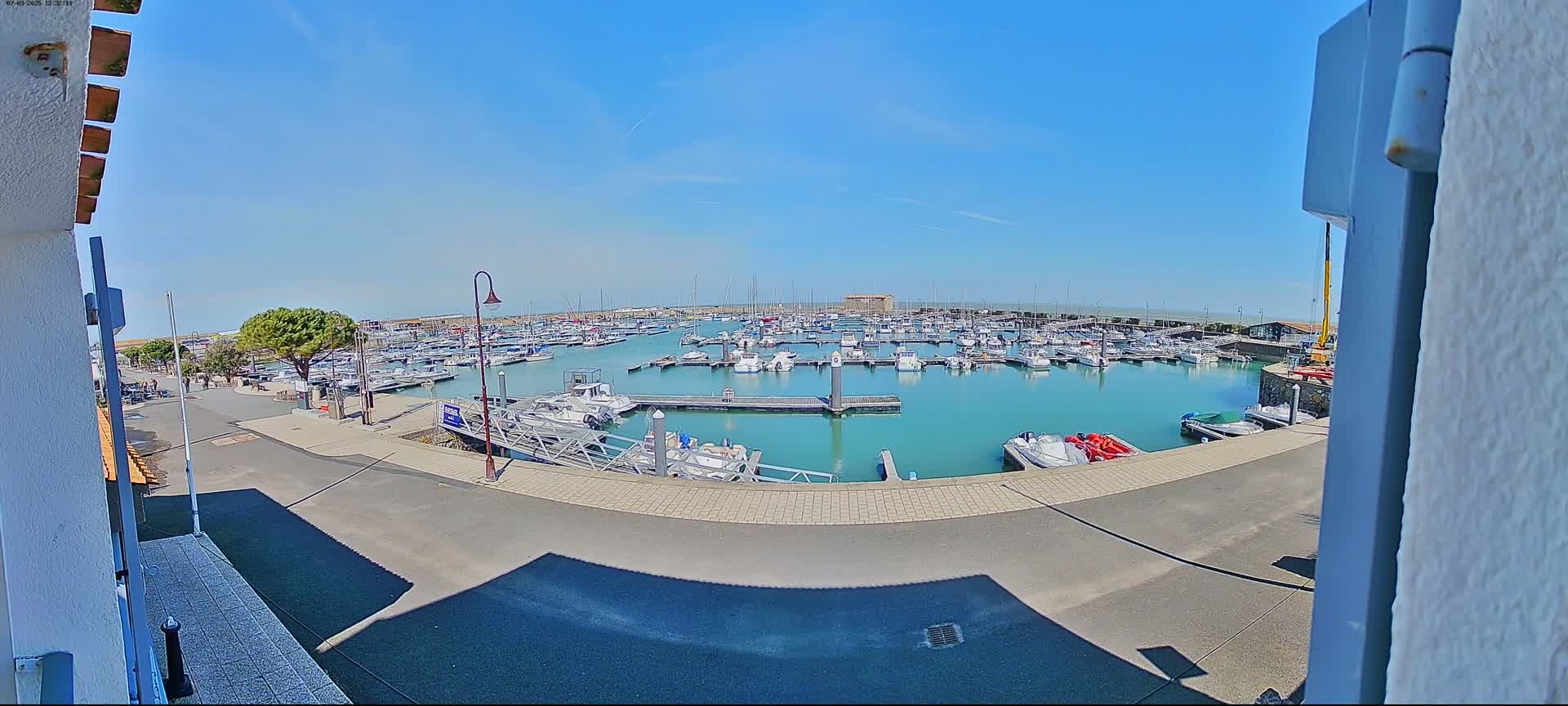 A marina filled with numerous boats is seen on a sunny day, viewed from a slightly elevated position.