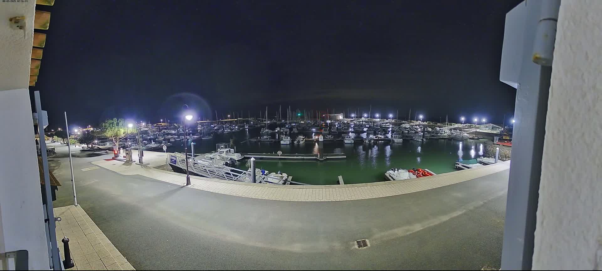 A nighttime view of a marina filled with numerous boats, illuminated by lights, under a clear, dark sky.